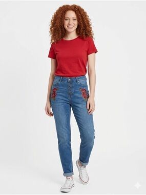 DISIGUAL High Waisted Boho Red Rose embroidered  light washed mom jeans size 28